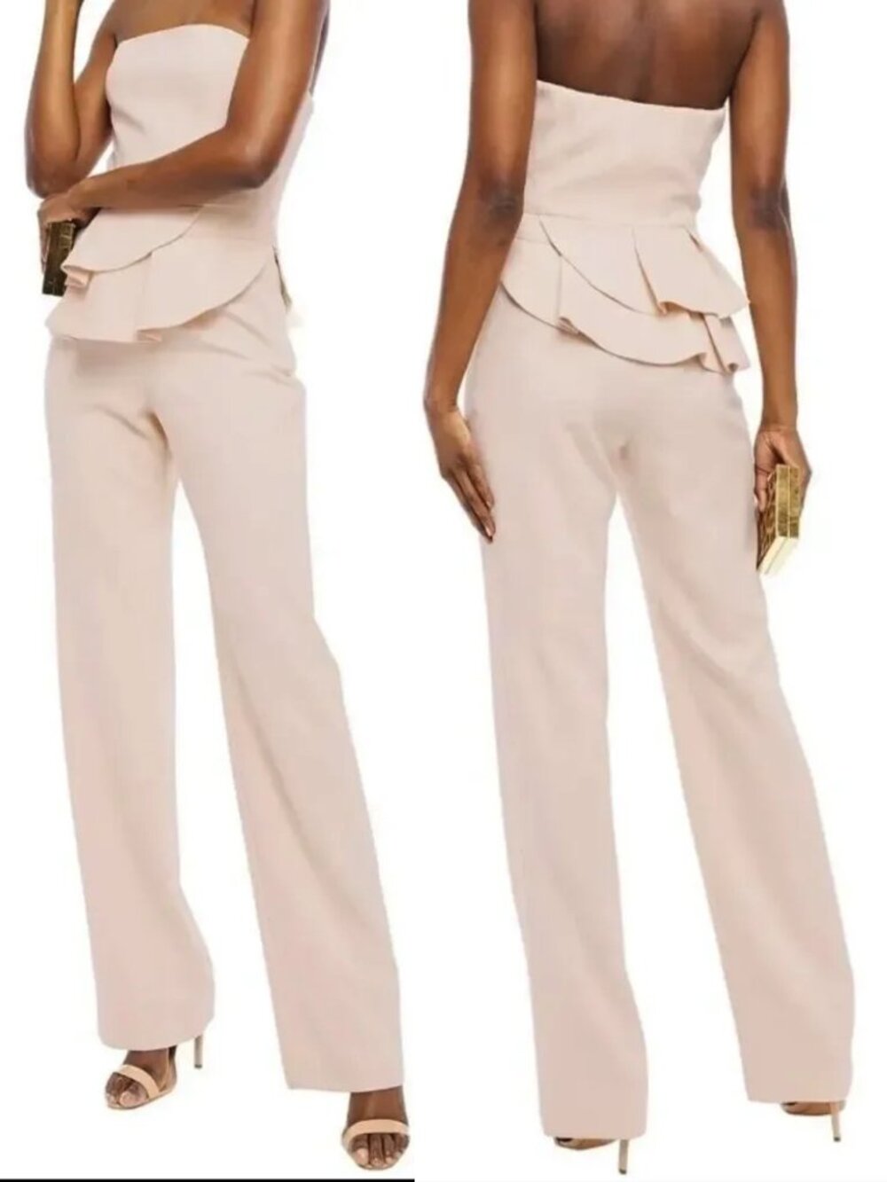 BLACK HALO Lolo nude tan  peplum strapless ruffle dress pants jumpsuit $415 4